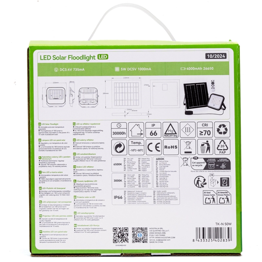 Aigostar - Refletor solar LED regulável LED/50W/3,4V 3000/4000/6500K IP66 4000 mAh + controlo remoto
