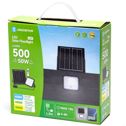 Aigostar - Refletor Solar LED Regulável/LED/50W/3,4V 3000/4000/6500K IP66 4000 mAh + controlo remoto