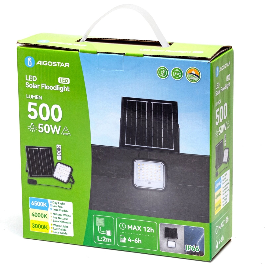 Aigostar - Refletor Solar LED Regulável/LED/50W/3,4V 3000/4000/6500K IP66 4000 mAh + controlo remoto