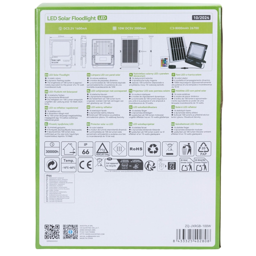 Aigostar - Refletor solar LED RGB regulável LED/100W/3,2V IP66 + controlo remoto