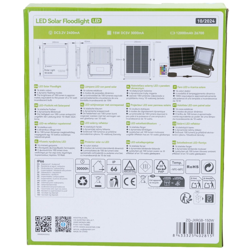 Aigostar - Refletor solar LED RGB regulável LED/150W/3,2V IP66 12000 mAh + controlo remoto