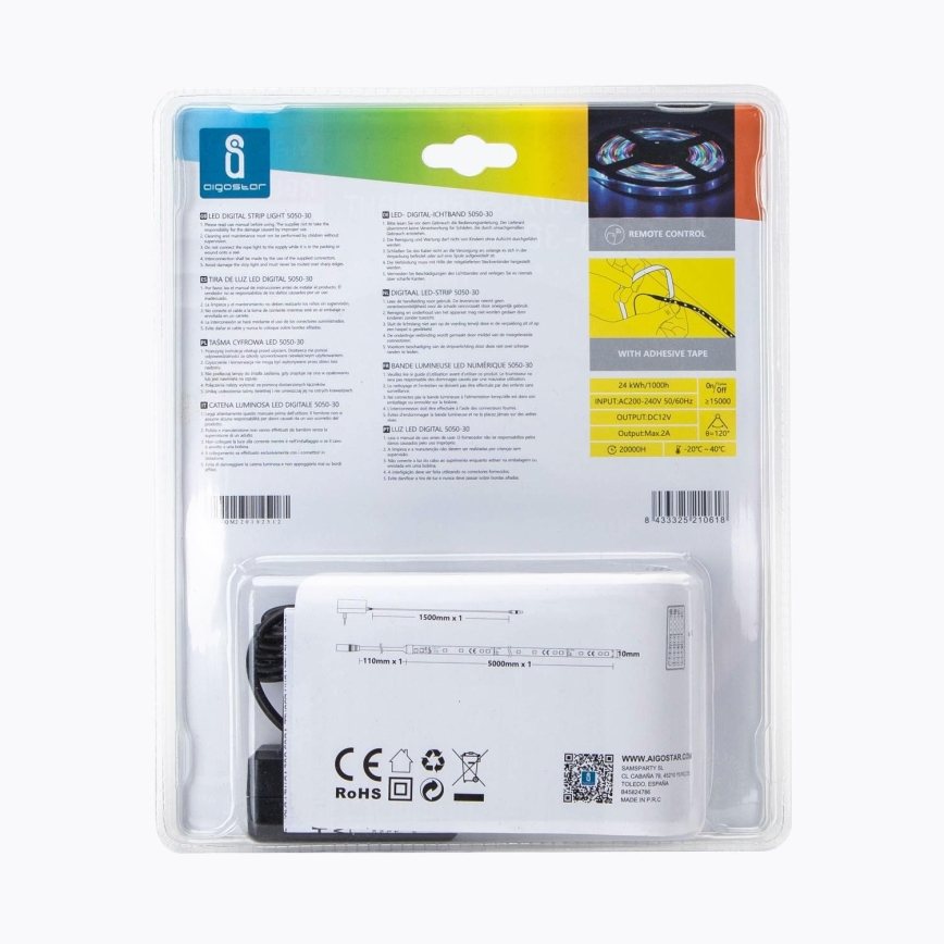Aigostar - Tira exterior LED RGB com regulação 5m LED/24W/12/230V IP65 + controlo remoto