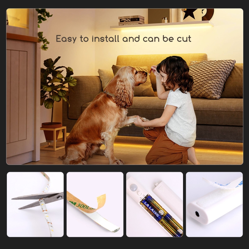 Aigostar - Tira LED com regulação e sensor 1m LED/2W/4xAAA 3000K IP65