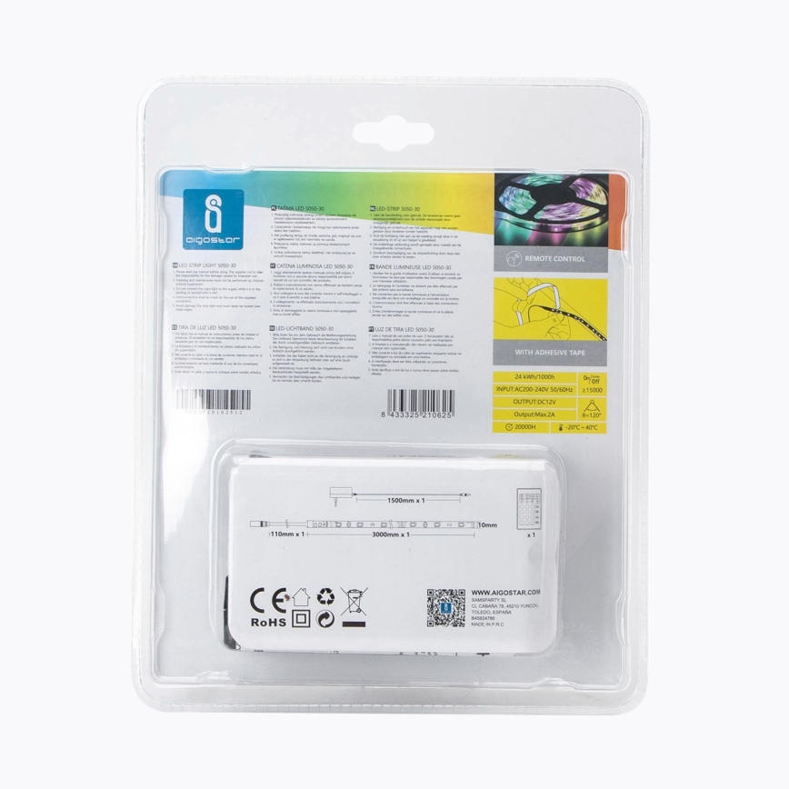 Aigostar - Tira LED RGB com regulação 3m LED/24W/12/230V IP65 + controlo remoto