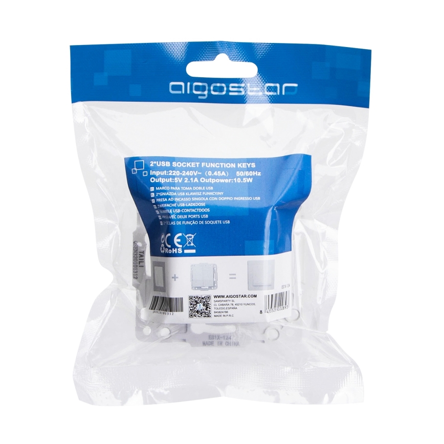 Aigostar - Tomada de alimentação USB sem moldura 2x USB-A prateada