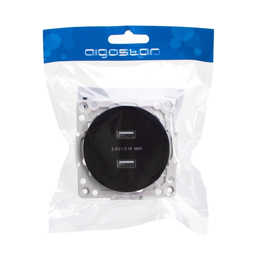 Aigostar - Tomada de alimentação USB sem moldura 2x USB-A, preta