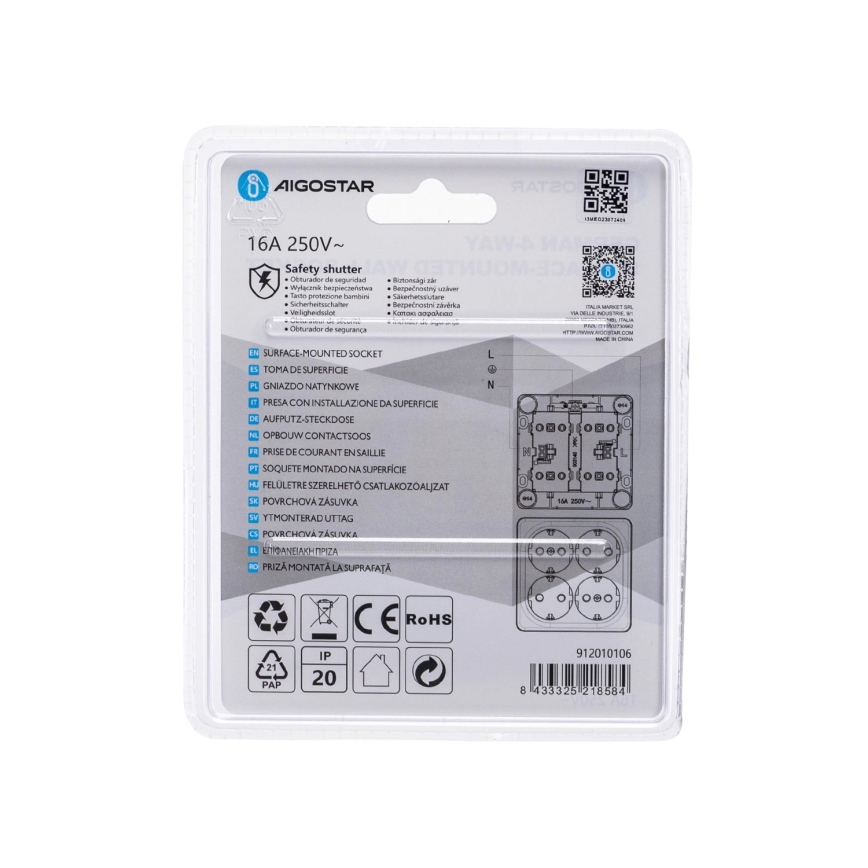 Aigostar - Tomada de parede doméstica quádrupla SCHUKO 250 V branca