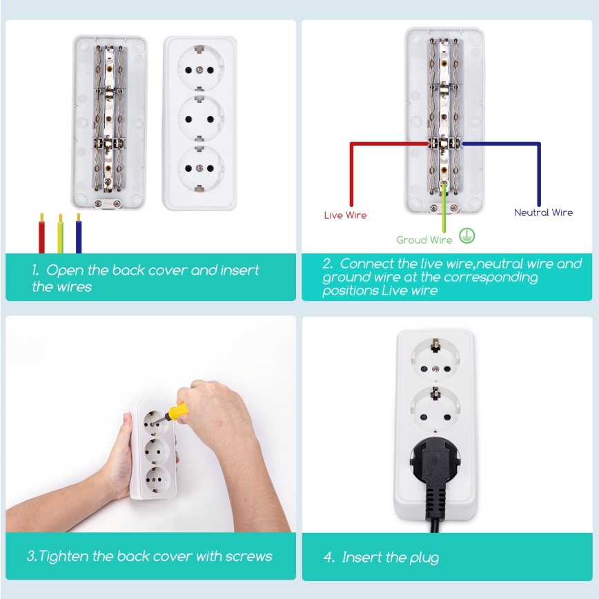 Aigostar - Tomada doméstica tripla SCHUKO 250 V / 16 A