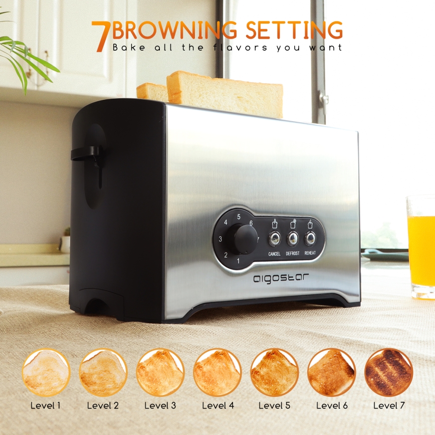 Aigostar - Torradeira com 2 espaços 900W/230V cromado mate