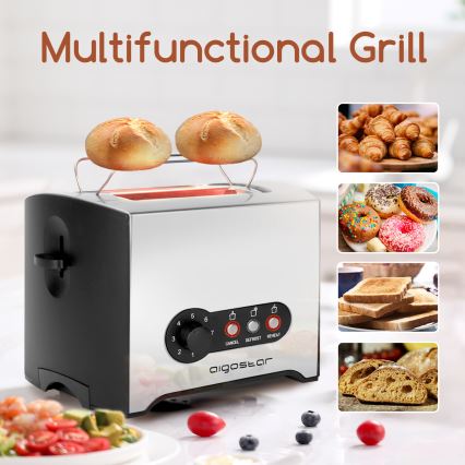 Aigostar - Torradeira com 2 espaços 900W/230V cromado mate