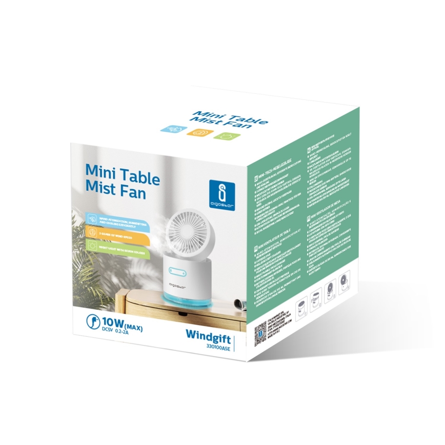 Aigostar - Ventilador de mesa mini sem fio RGB com umidificador 10W/5V branco