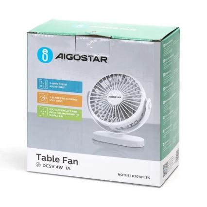 Aigostar - Ventilador de mesa recarregável 4W/5V 1500mAh branco