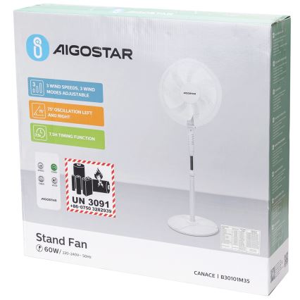 Aigostar - Ventilador de pie 60W/230V blanco + controlo remoto