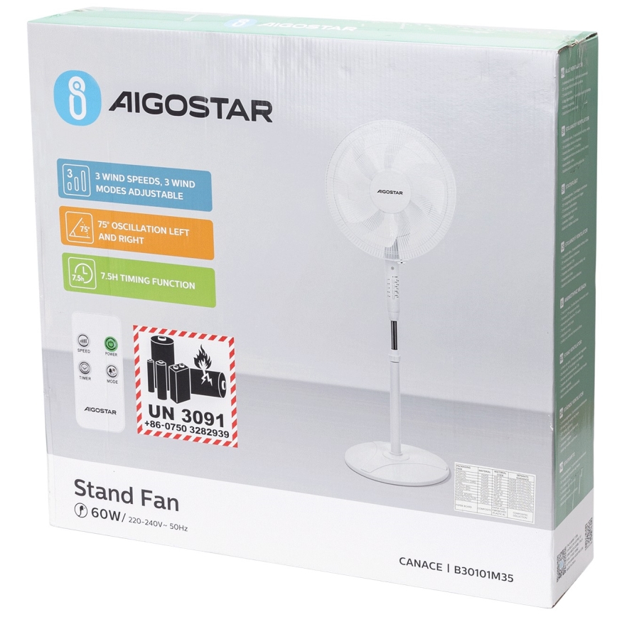 Aigostar - Ventilador de pie 60W/230V blanco + controlo remoto