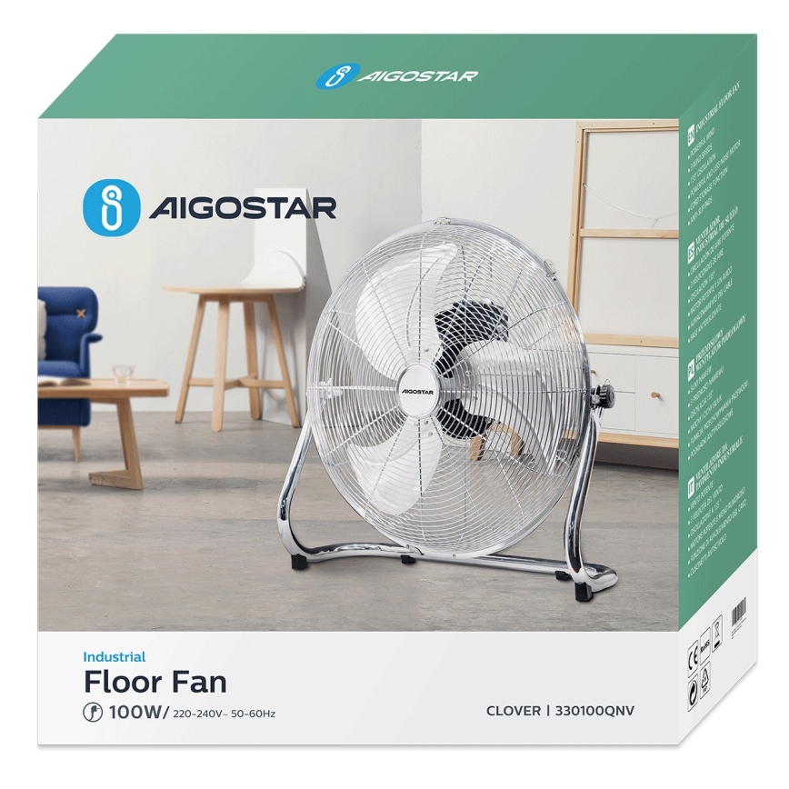 Aigostar - Ventilador de chão 100W/230V cromo brilhante