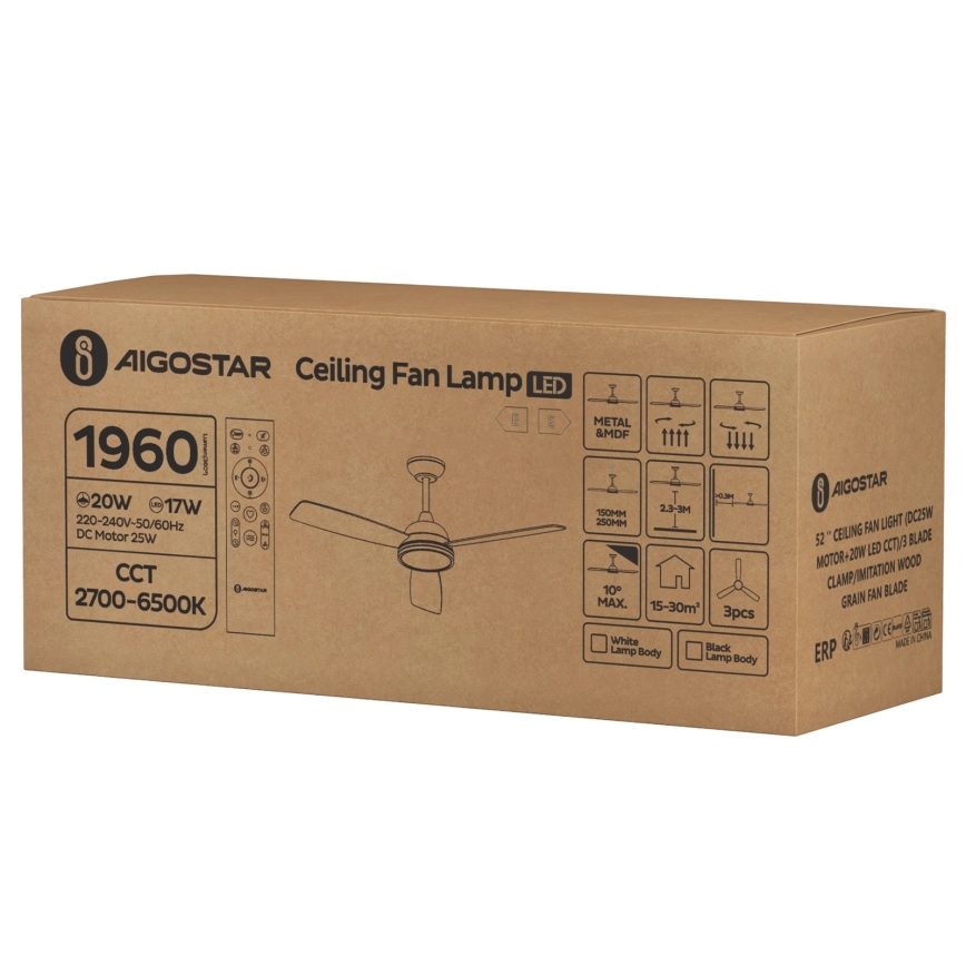 Aigostar - Ventilador de teto LED regulável LED/20W/230V 2700-6500K 132cm marrom + controlo remoto