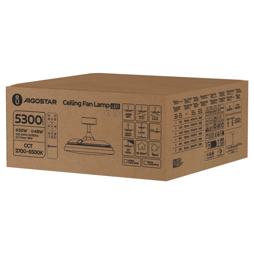 Aigostar - Ventilador de teto LED regulável LED/50W/230V 2700-6500K 106cm branco + controlo remoto
