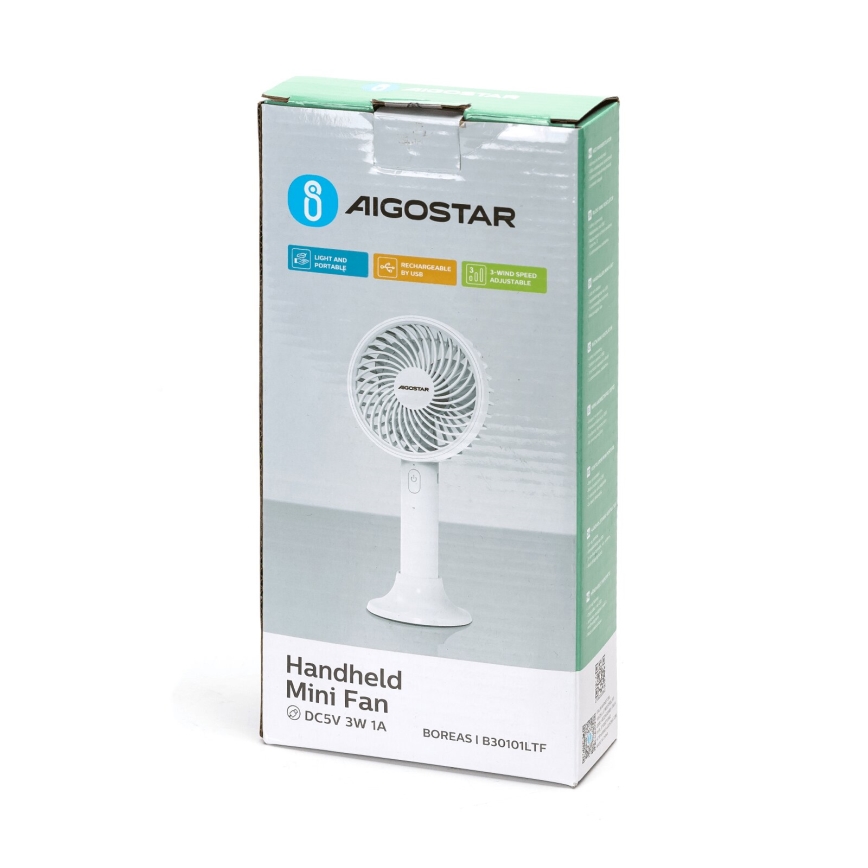 Aigostar - Ventilador portátil recarregável 3W/5V 1500mAh USB branco