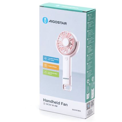 Aigostar - Ventilador portátil recarregável 4,5W/3,7V 1200mAh USB rosa