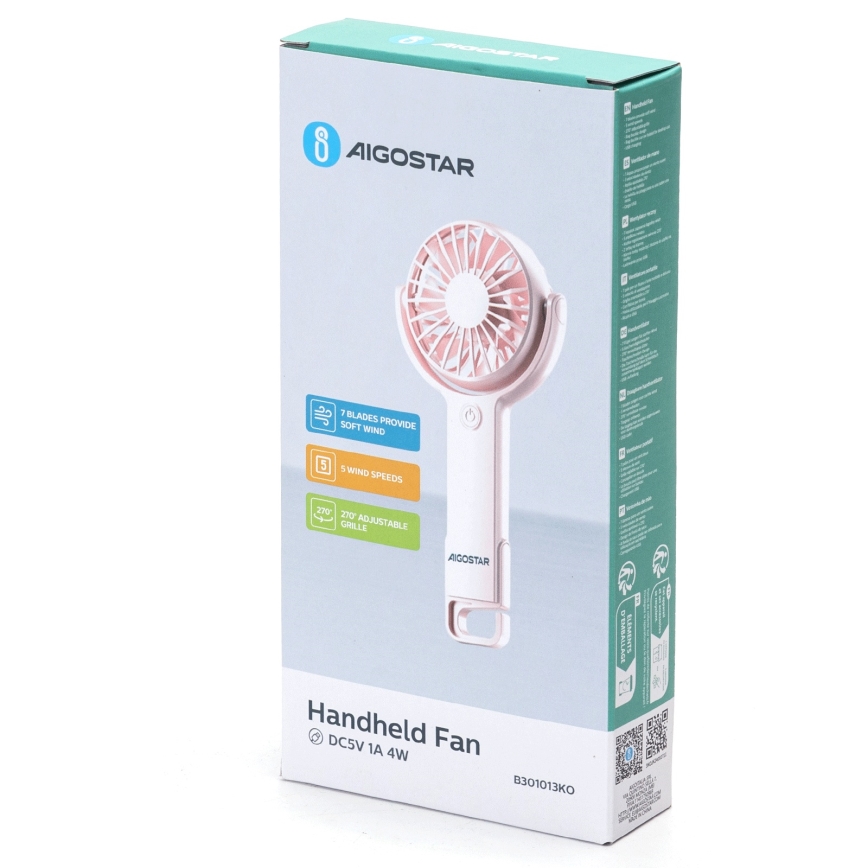 Aigostar - Ventilador portátil recarregável 4,5W/3,7V 1200mAh USB rosa