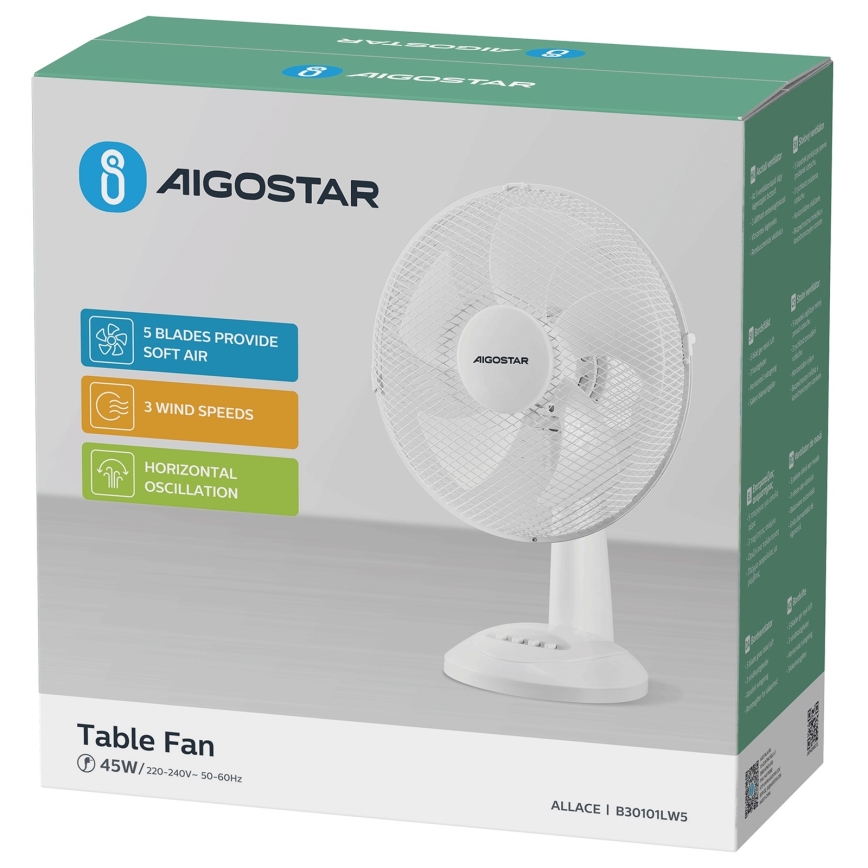 Aigostar - Ventoinha de secretária 45W/230V branca