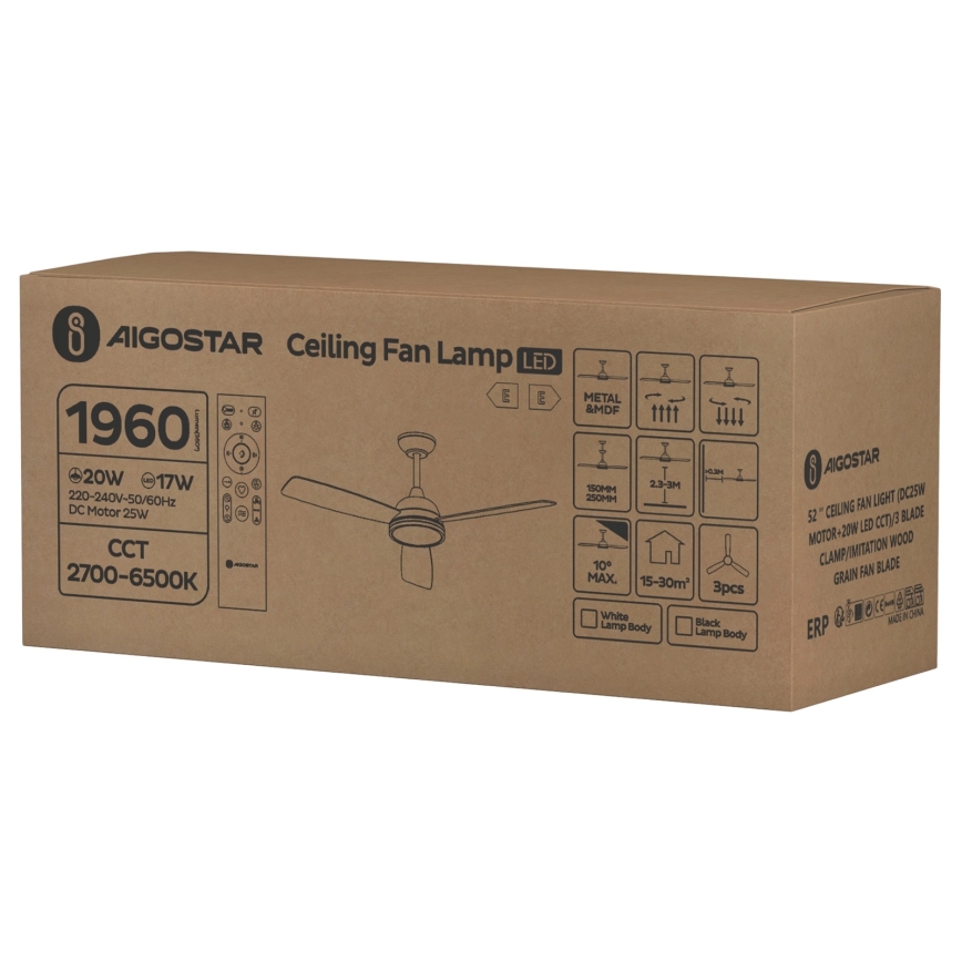 Aigostar - Ventoinha de teto LED com regulação LED/20W/230V 2700-6500K 132cm branco/bege + comando