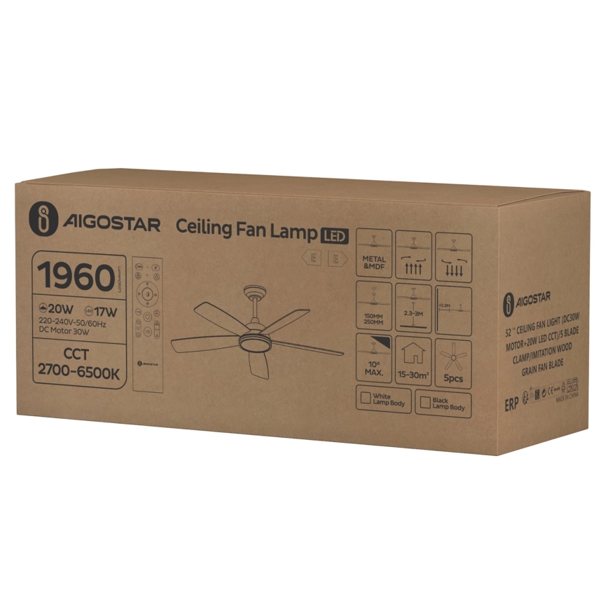 Aigostar - Ventoinha de teto LED com regulação LED/20W/230V 2700-6500K 132cm branco/bege + comando