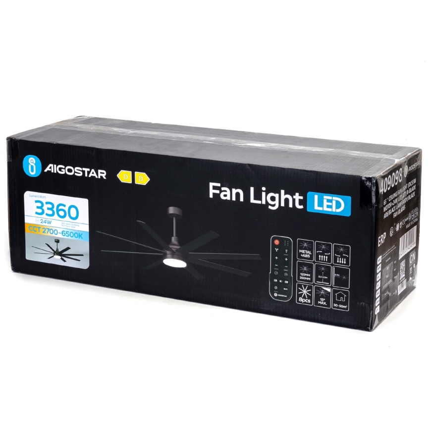 Aigostar - Ventoinha de teto LED com regulação LED/24W/230V 2700-6500K 165cm preto + comando