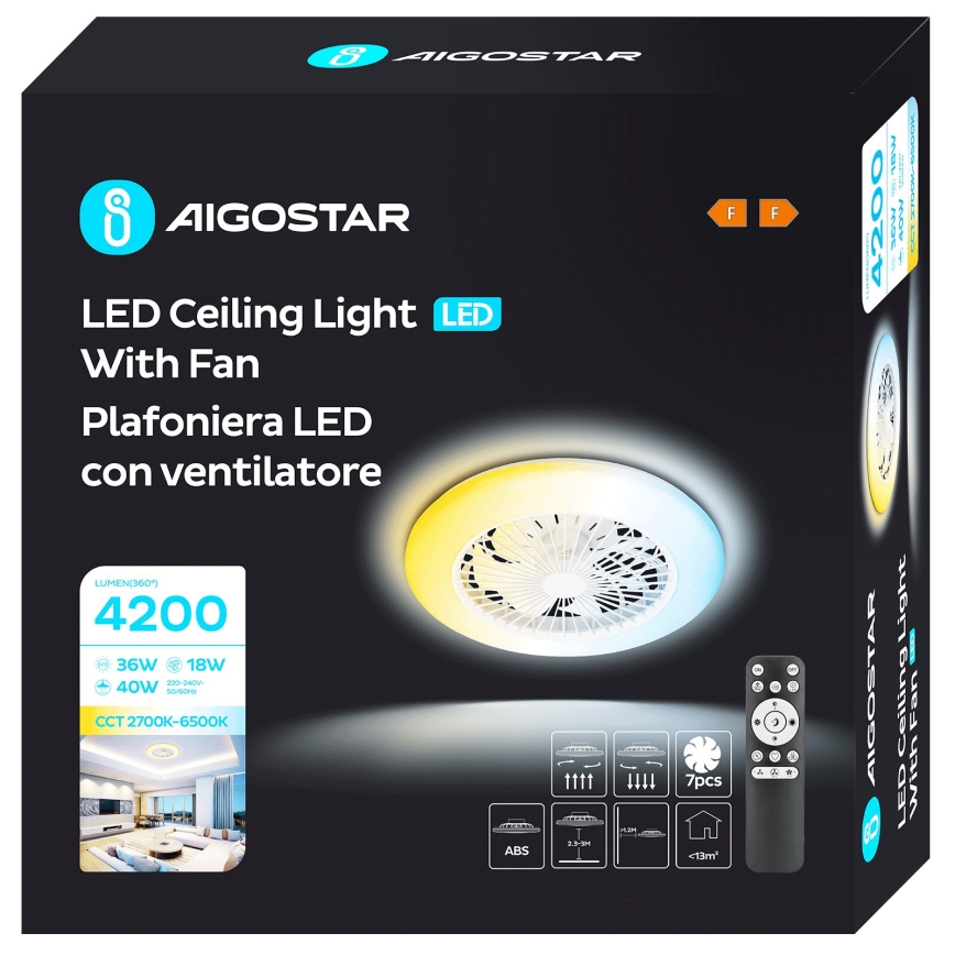 Aigostar - Ventoinha de teto LED com regulação LED/40W/230V 2700-6500K diâmetro 49 cm + comando branco