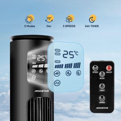 Aigostar - Ventoinha de torre 50W/230V preto Wi-Fi + comando