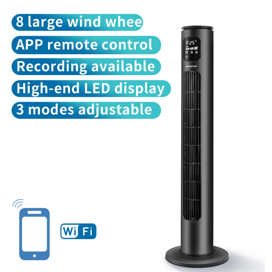 Aigostar - Ventoinha de torre 50W/230V preto Wi-Fi + comando