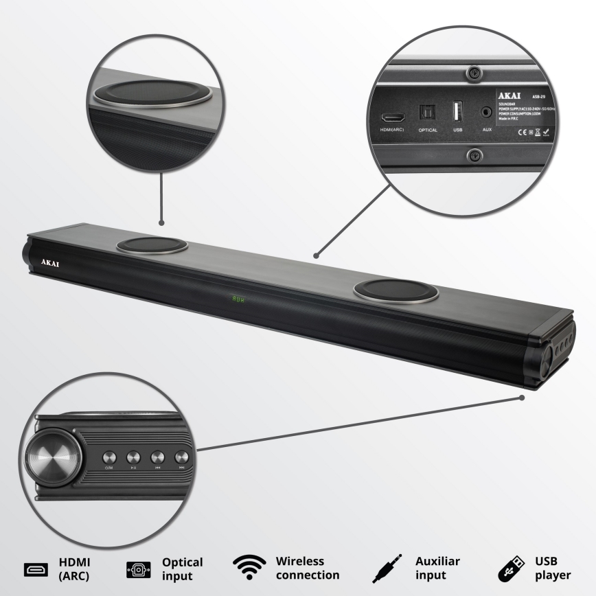 AKAI ASB-29 - Barra de som com subwoofer ativo 120W/230V + comando remoto