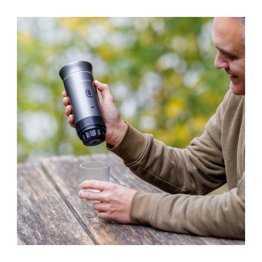 Aligator ACM002 - Cafeteira de viagem recarregável PortaCaffé 3 em 1 72W/7500 mAh cinzenta