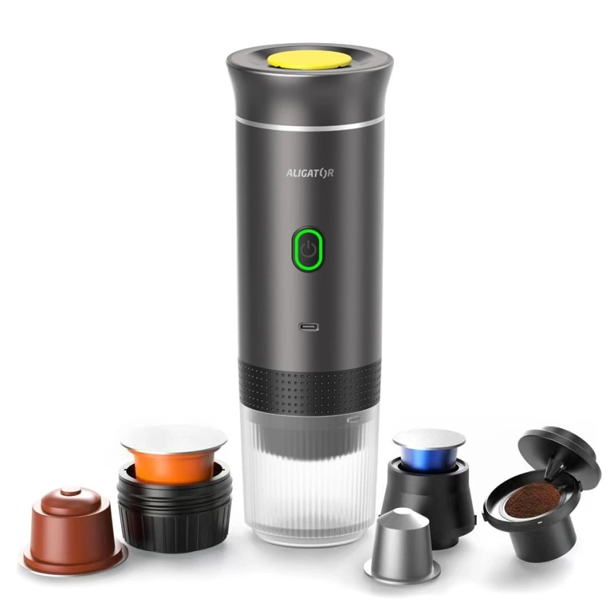 Aligator ACM002 - Cafeteira de viagem recarregável PortaCaffé 3 em 1 72W/7500 mAh cinzenta
