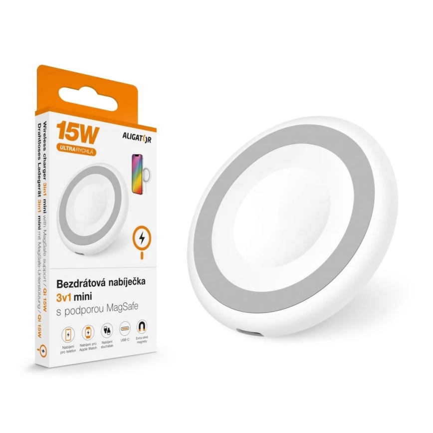 Aligator AMS08WT - Carregador sem fios MagSafe 3 em 1 15W branco