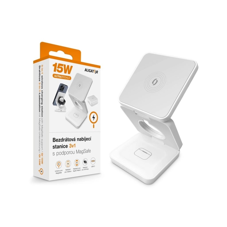 Aligator AMS09WT - Estação de carregamento sem fios MagSafe 3 em 1 15W branca