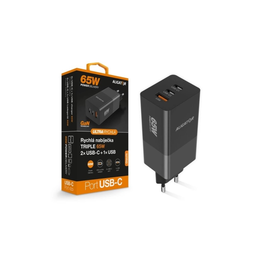 Aligator CHPD0027 - Adaptador de carregamento rápido GaN Power Delivery 65W 2x USB-C + USB-A preto