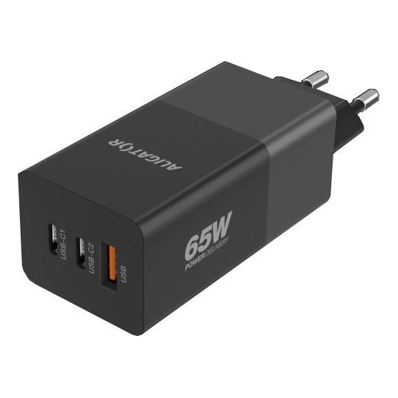 Aligator CHPD0027 - Adaptador de carregamento rápido GaN Power Delivery 65W 2x USB-C + USB-A preto