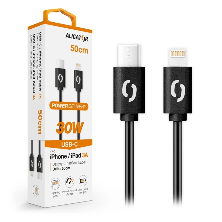 Aligator DATKP56 - cabo USB USB-C / Lightning, 30 W Power Delivery (PD), 0,5 m, preto