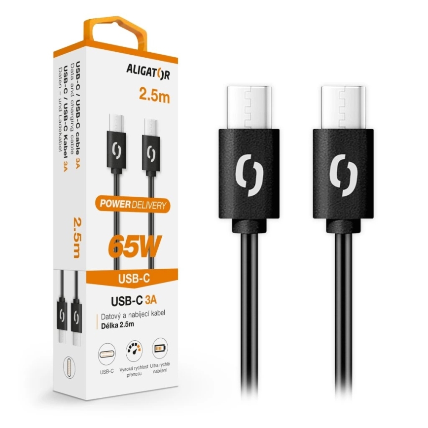 Aligator DATKP58 - cabo USB-C para USB-C, Power Delivery 65 W, 2,5 m, preto