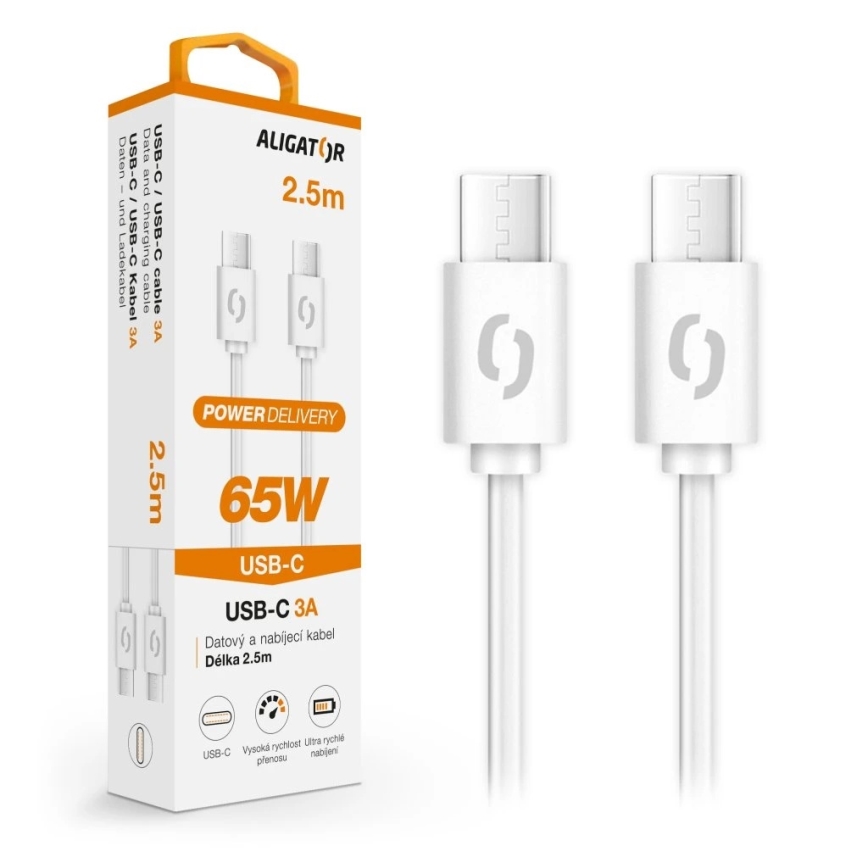 Aligator DATKP59 - cabo USB-C para USB-C com Power Delivery de 65 W, 2,5 m, branco
