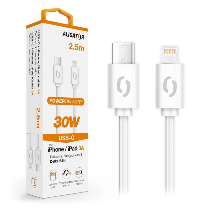 Aligator DATKP61 - cabo USB USB-C/Lightning 30 W Power Delivery 2,5 m branco