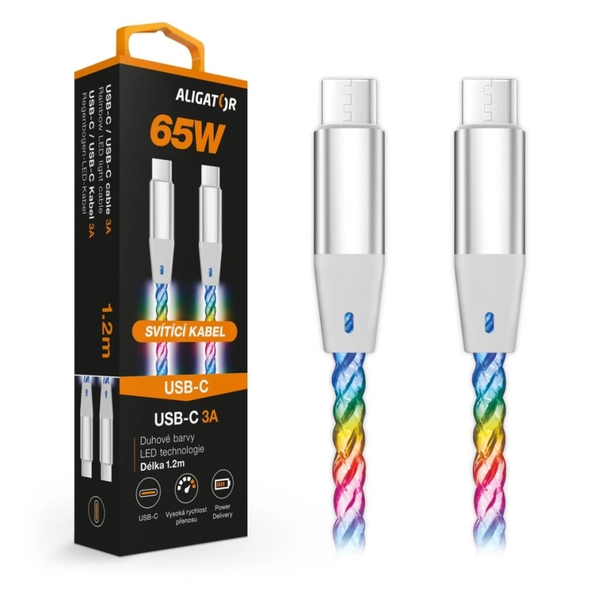 Aligator DATKP62 - cabo USB-C para USB-C com iluminação LED e Power Delivery de 65W, 1,2m