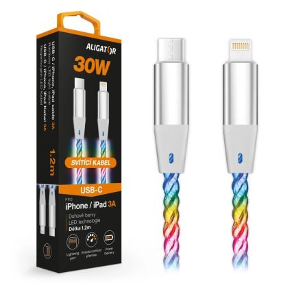 Aligator DATKP63 - cabo USB USB-C/Lightning com iluminação LED, 30 W Power Delivery, 1,2 m
