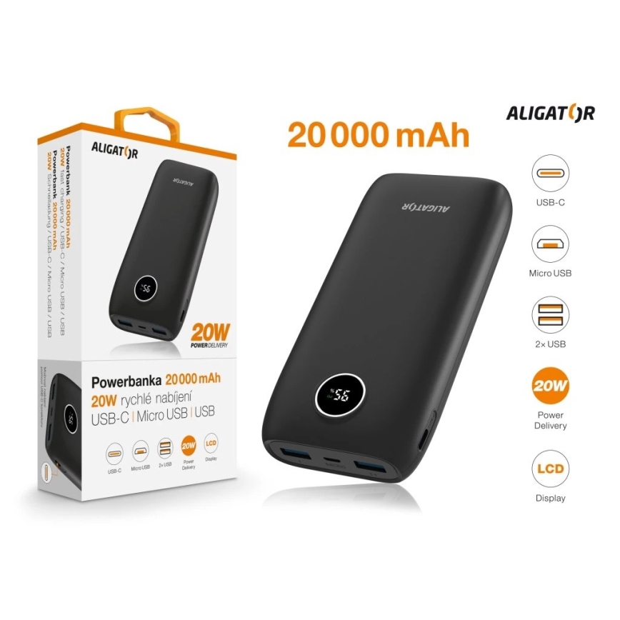 Aligator PBPD20BK - Powerbank com ecrã LCD, Power Delivery, 20000 mAh/20W/3,7V, preto