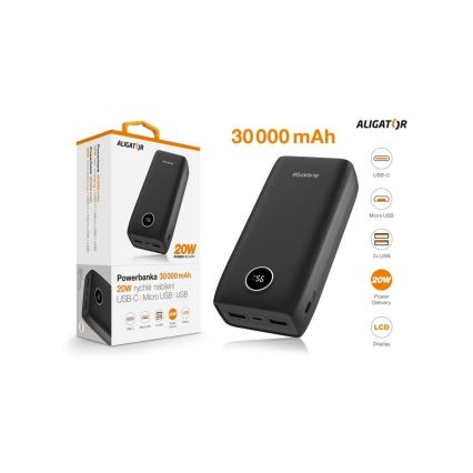 Aligator PBPD30BK - Power Bank com ecrã LCD Power Delivery 30000 mAh/20W/3,7V preto