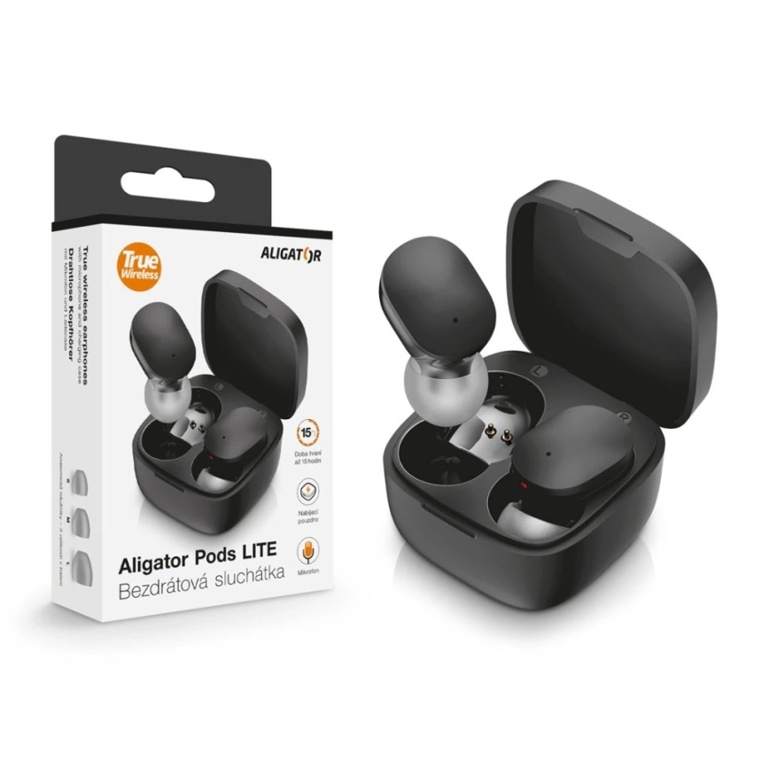 Aligator TWS05 - Auscultadores sem fios Pods LITE 200 mAh + 2x 30 mAh IP30 pretos