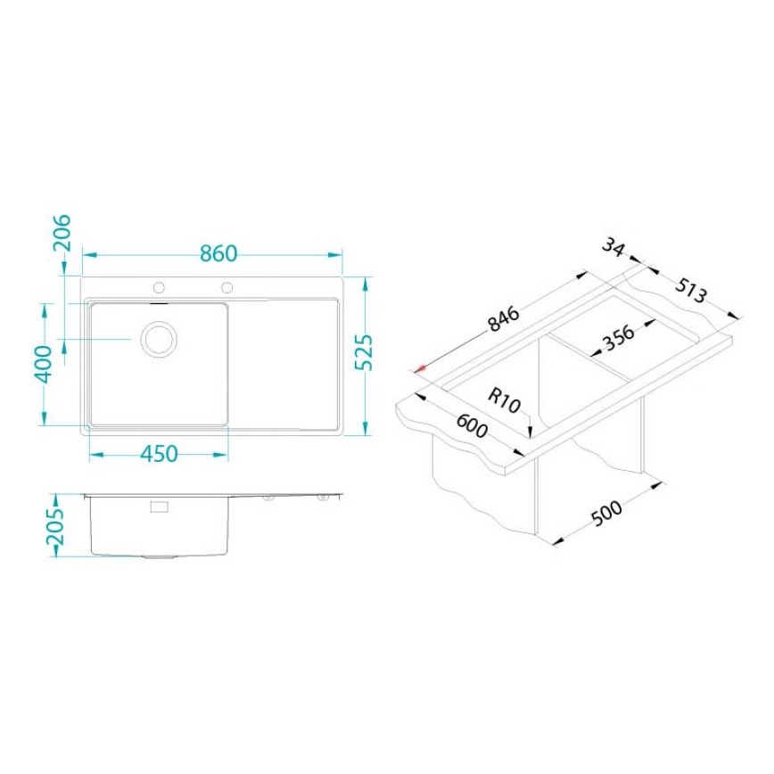 ALVEUS 1103652 - Lava-loiça de cozinha PURE 86x52,5 cm satin, esquerda