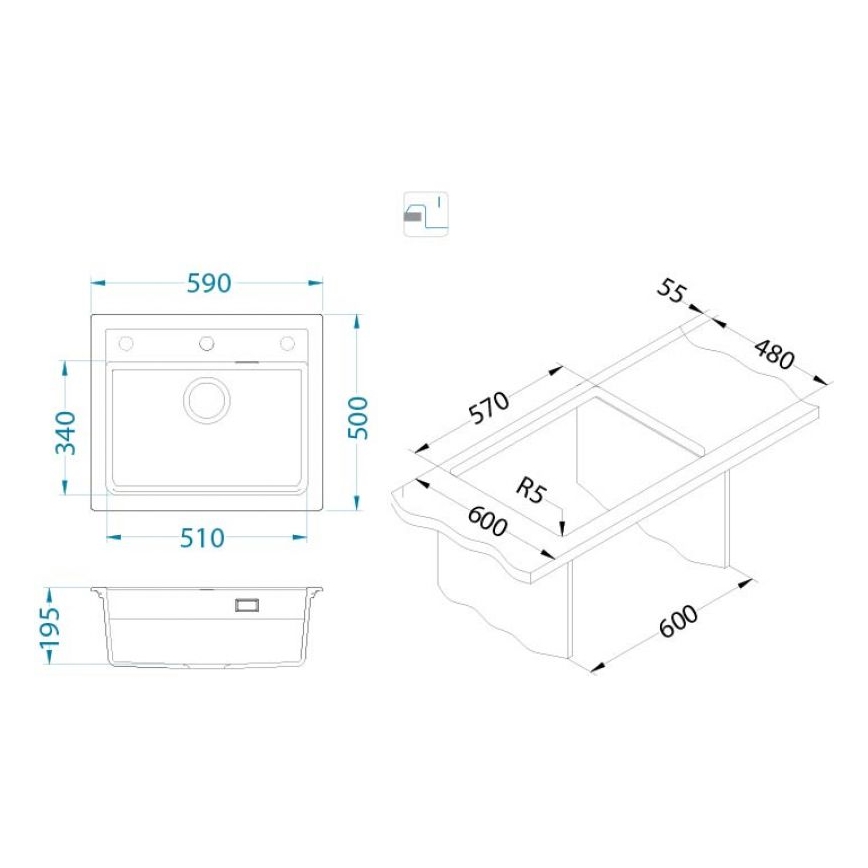 ALVEUS 1131994 - Lava-loiça de cozinha ATROX 59x50 cm granito/bege