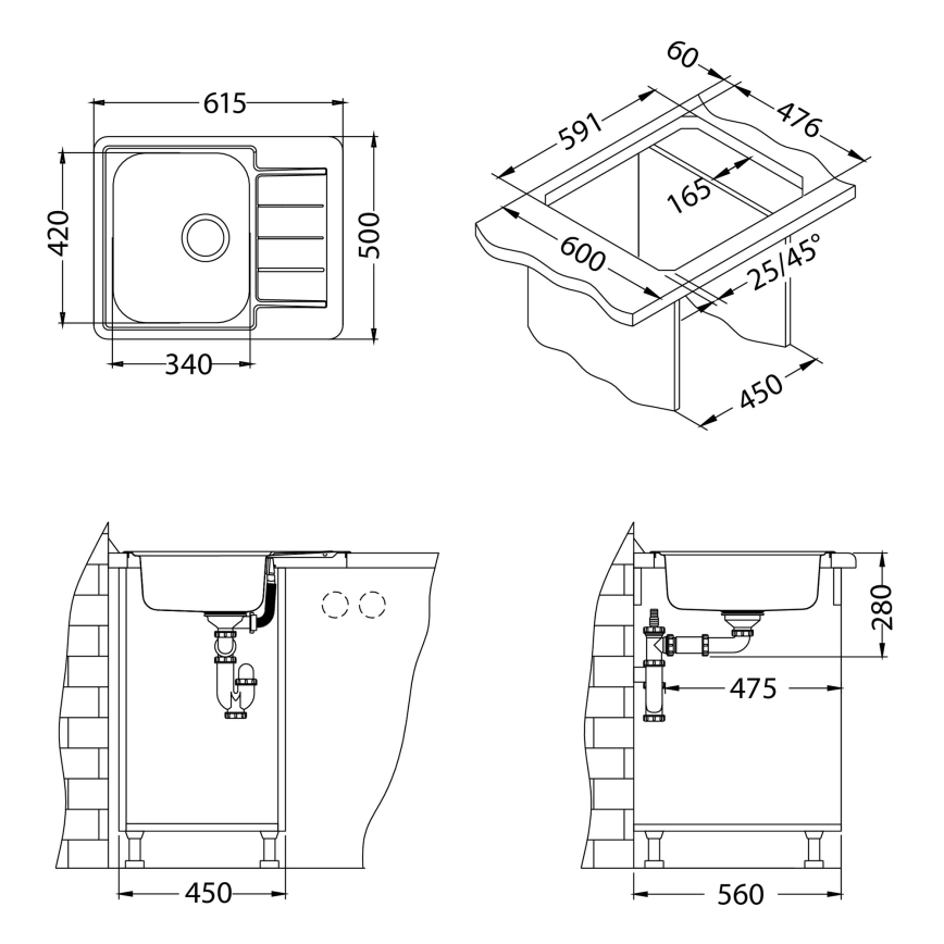 ALVEUS 1144603 - Lava-loiça de cozinha LINE 61,5x50 cm mate aço/satin, sem excêntrico